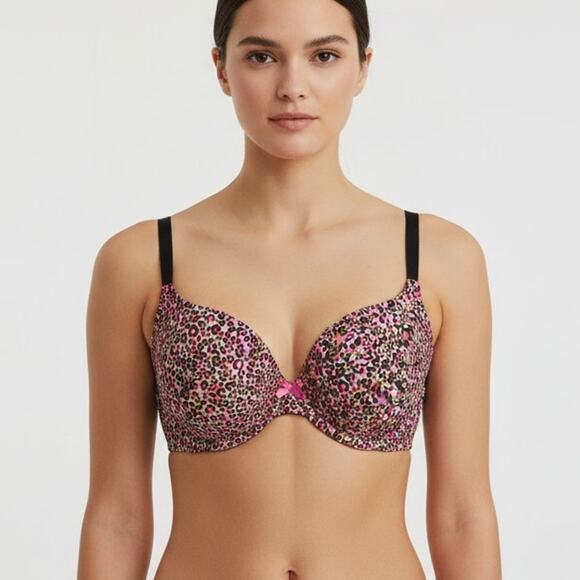 Victoria’s Secret Bra 36D Demi Leopard Print Pink Animal Push Up Underwire - Picture 1 of 11